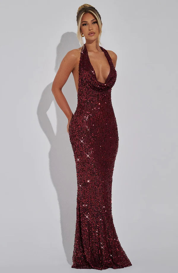 Women's Glitter Sequin Open Back Maxi Gala Dress
