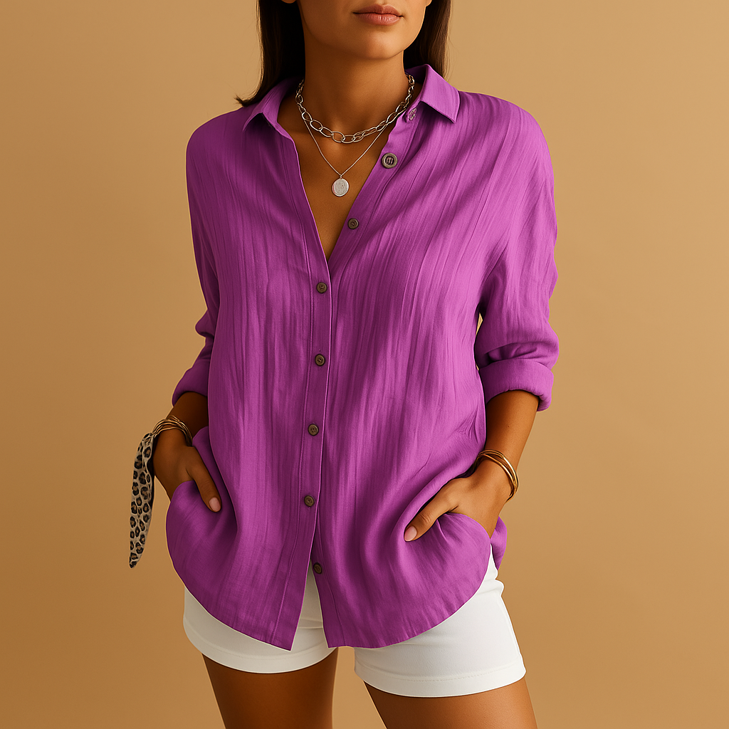 Soft Loose-Fit Blouse with Buttons and Long Sleeves for Women
