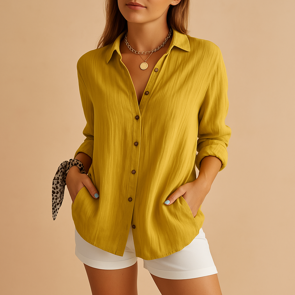 Soft Loose-Fit Blouse with Buttons and Long Sleeves for Women