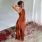 Women's Satin Elegant One-Shoulder Maxi Dress with High Slit for Gala