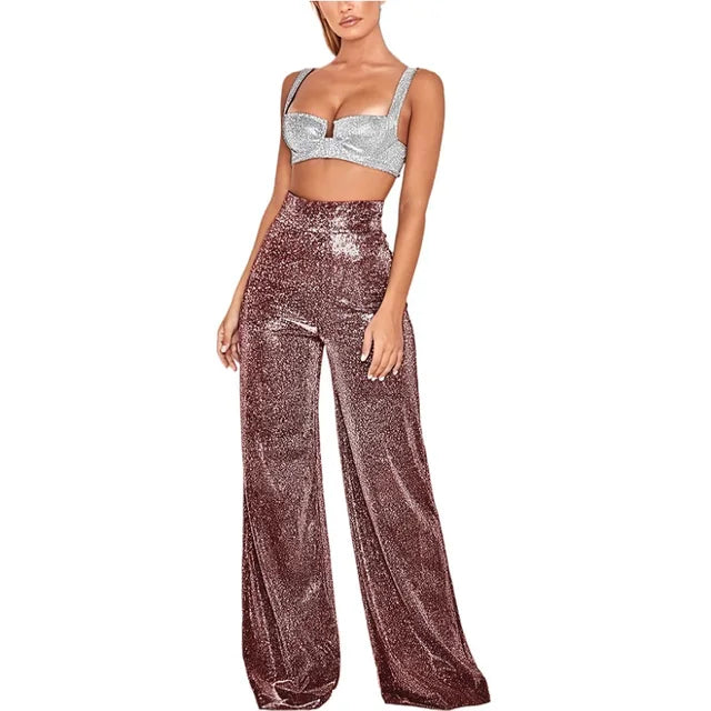 Elegant Glitter Party Pants for Women with Flared Legs