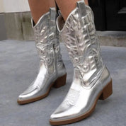 Women's Cowboy Boots Mid-Height with Zipper, Pointed Toe, and Low Heel