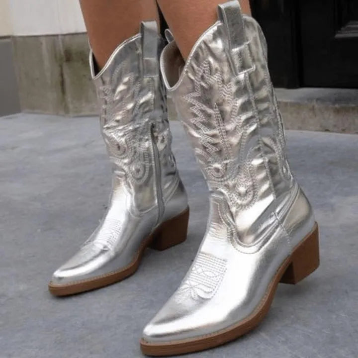 Women's Cowboy Boots Mid-Height with Zipper, Pointed Toe, and Low Heel