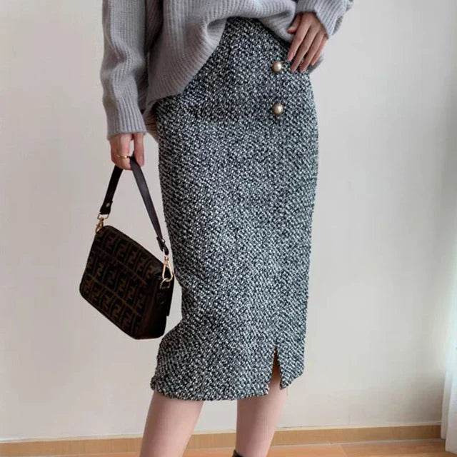 Soft Women's Dark Gray Midi Skirt with Slit and Button Details