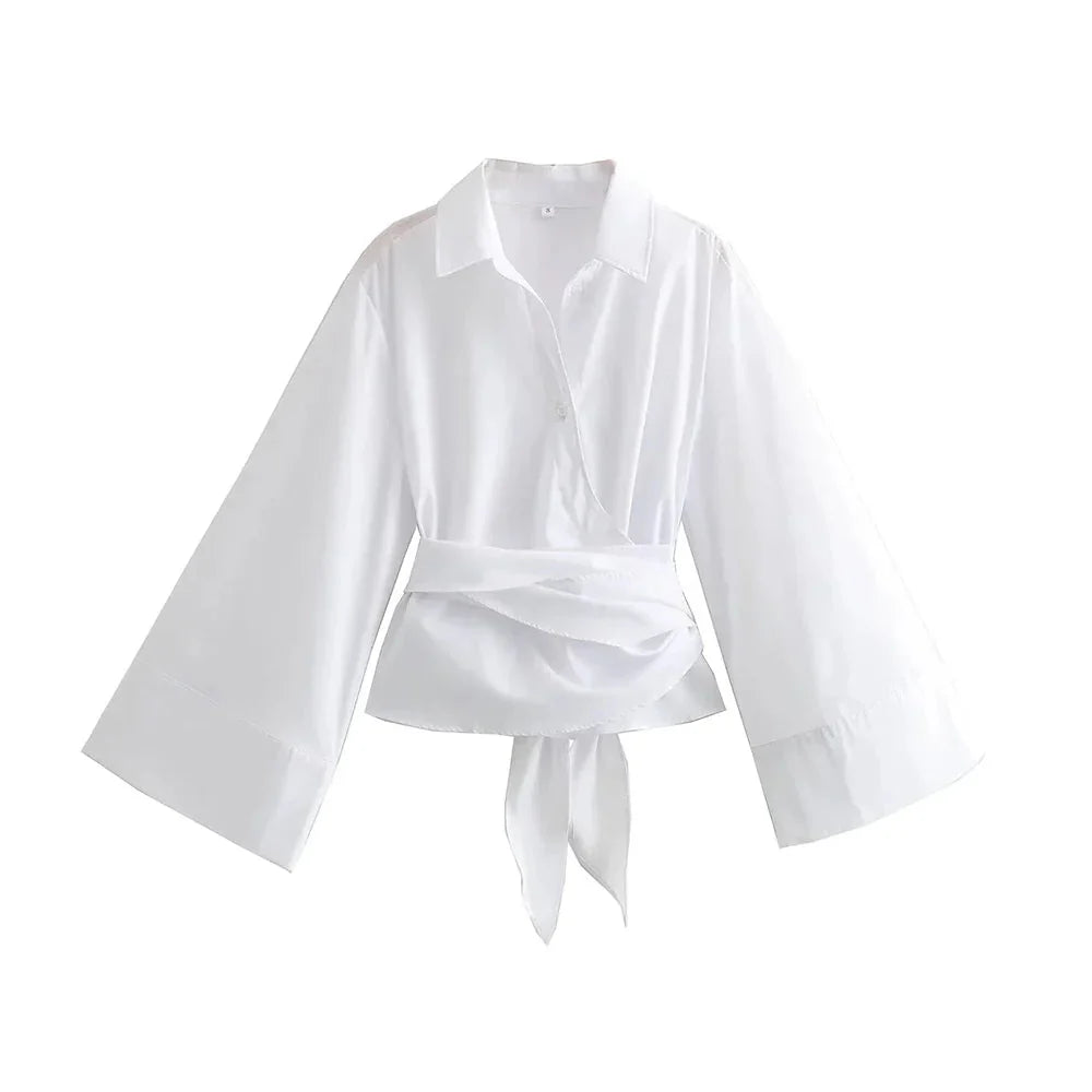 Women's Elegant Kimono Blouse with Waist Tie and Wrap Style