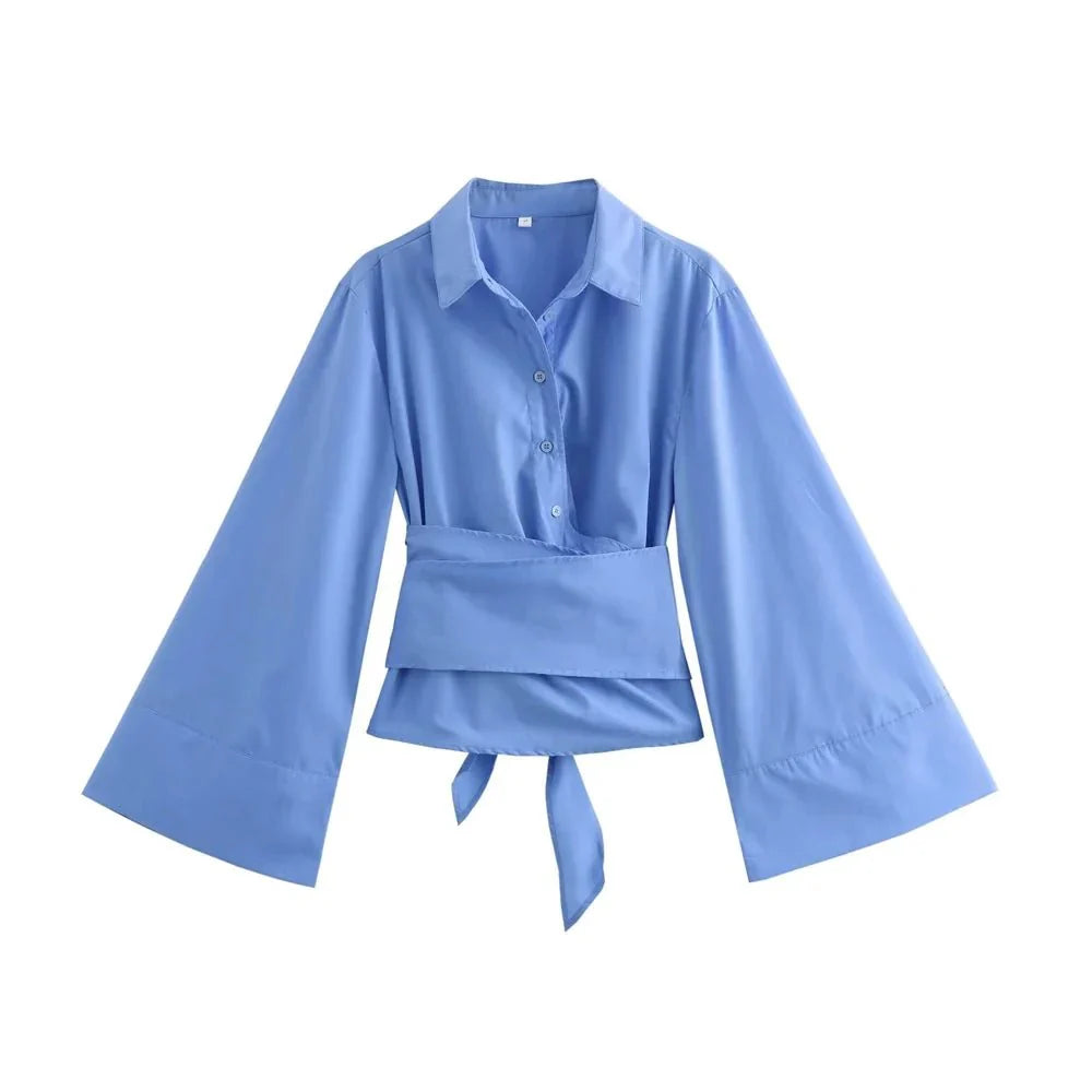 Women's Elegant Kimono Blouse with Waist Tie and Wrap Style