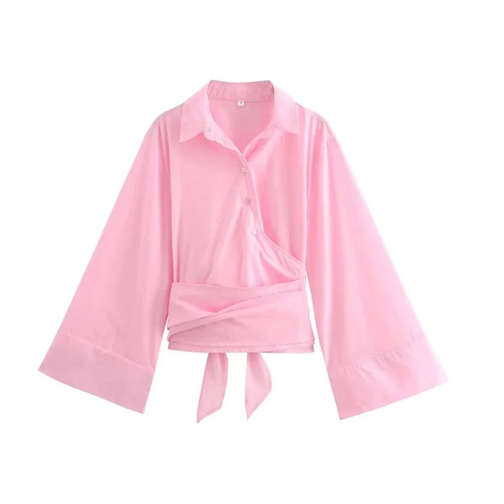 Women's Elegant Kimono Blouse with Waist Tie and Wrap Style