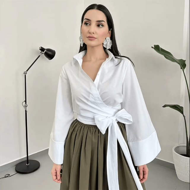 Women's Elegant Kimono Blouse with Waist Tie and Wrap Style