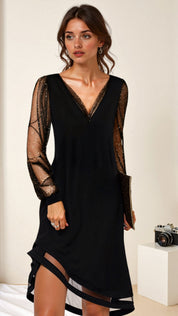 Black Elegant Chic Women’s Evening Dress with Mesh Sleeves
