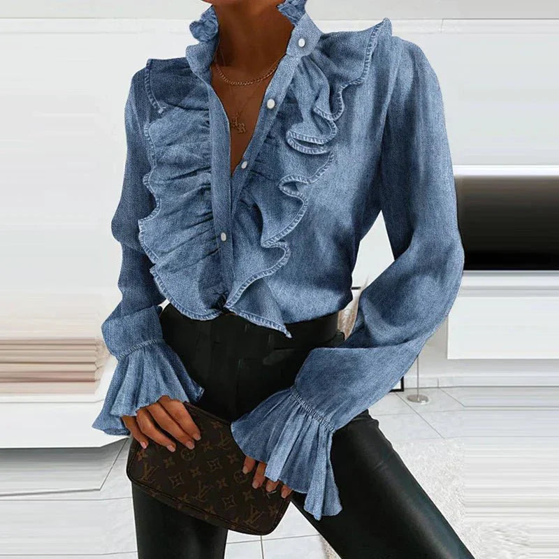 Stylish Women's Blouse with Ruffles and Pleated Sleeves
