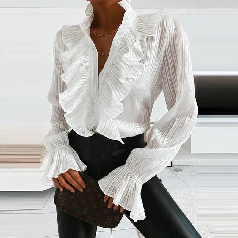 Stylish Women's Blouse with Ruffles and Pleated Sleeves
