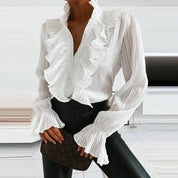 Stylish Women's Blouse with Ruffles and Pleated Sleeves
