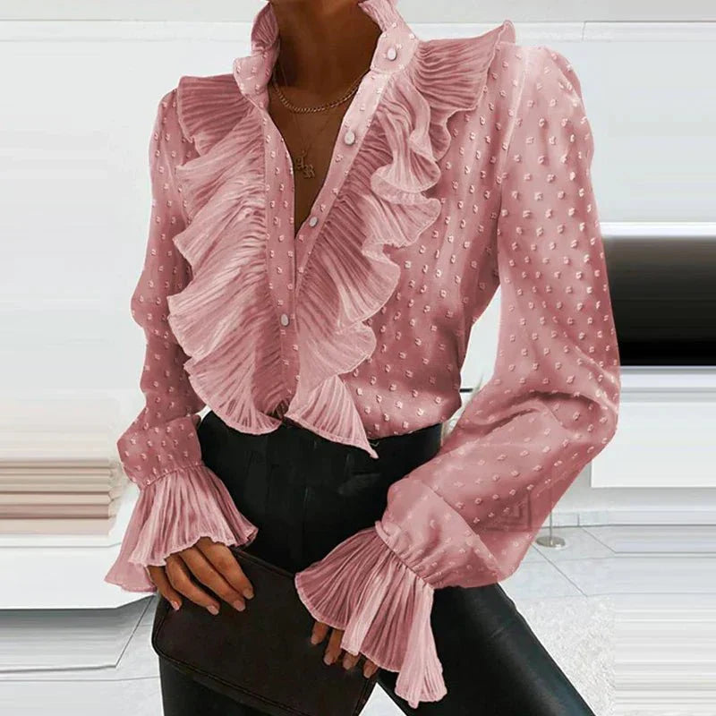 Stylish Women's Blouse with Ruffles and Pleated Sleeves