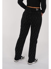 Women's High Waist Straight Leg Jeans with Rhinestone Plaid Pattern