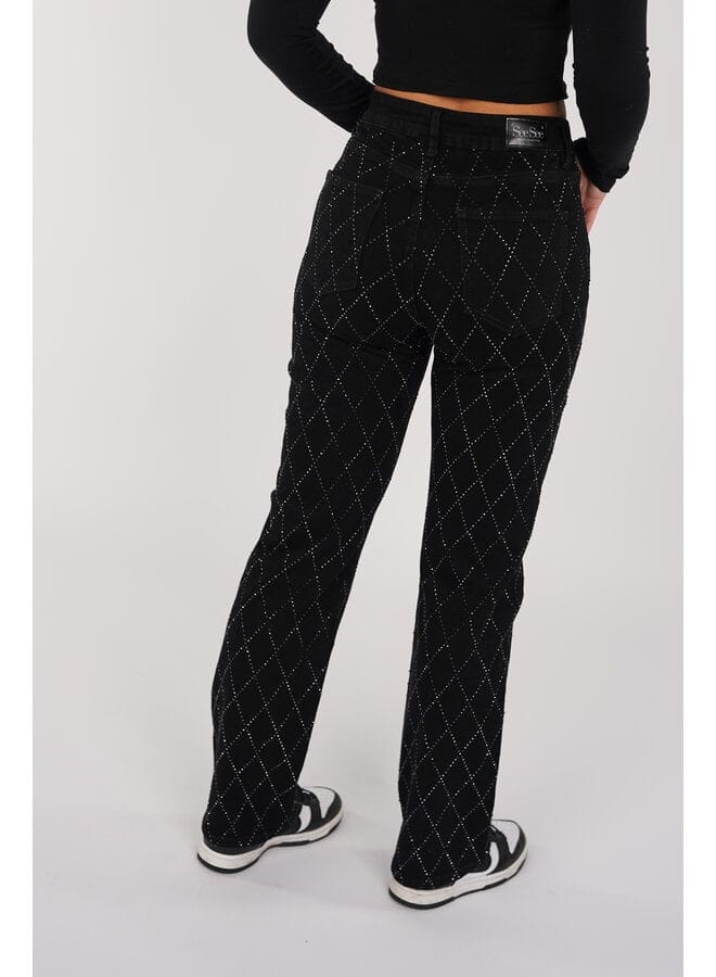 Women's High Waist Straight Leg Jeans with Rhinestone Plaid Pattern