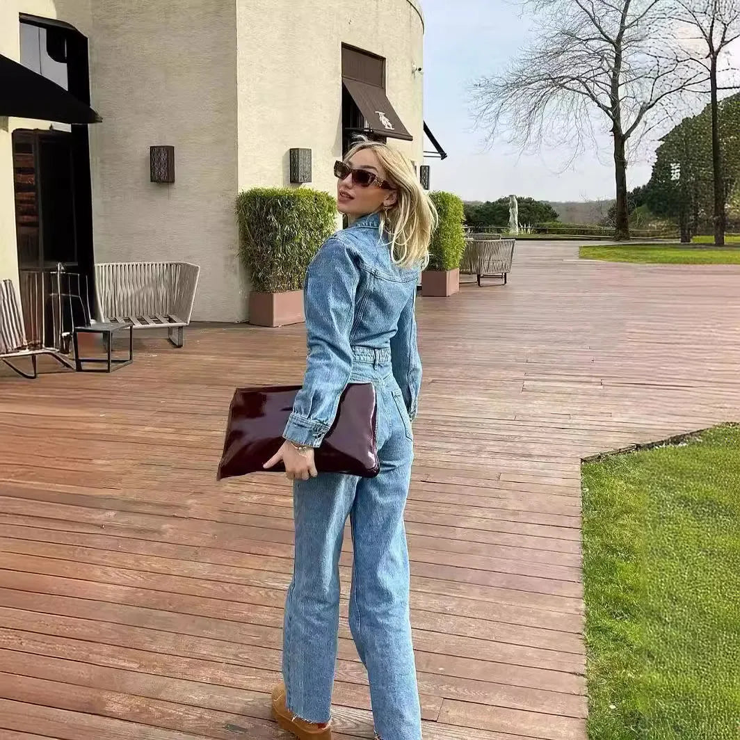 Trendy Women's Denim Jumpsuit with Long Sleeves and Button Closure