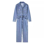 Trendy Women's Denim Jumpsuit with Long Sleeves and Button Closure