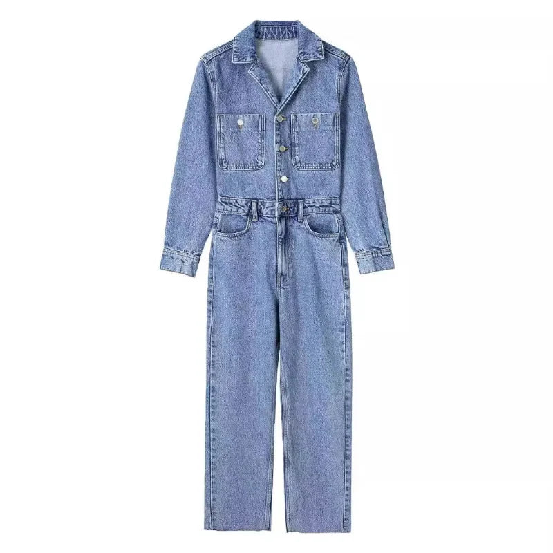 Trendy Women's Denim Jumpsuit with Long Sleeves and Button Closure