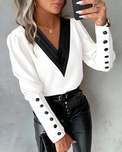 Elegant Women's Blouse with V-Neck Colour Block Top with Long Sleeves and Buttons