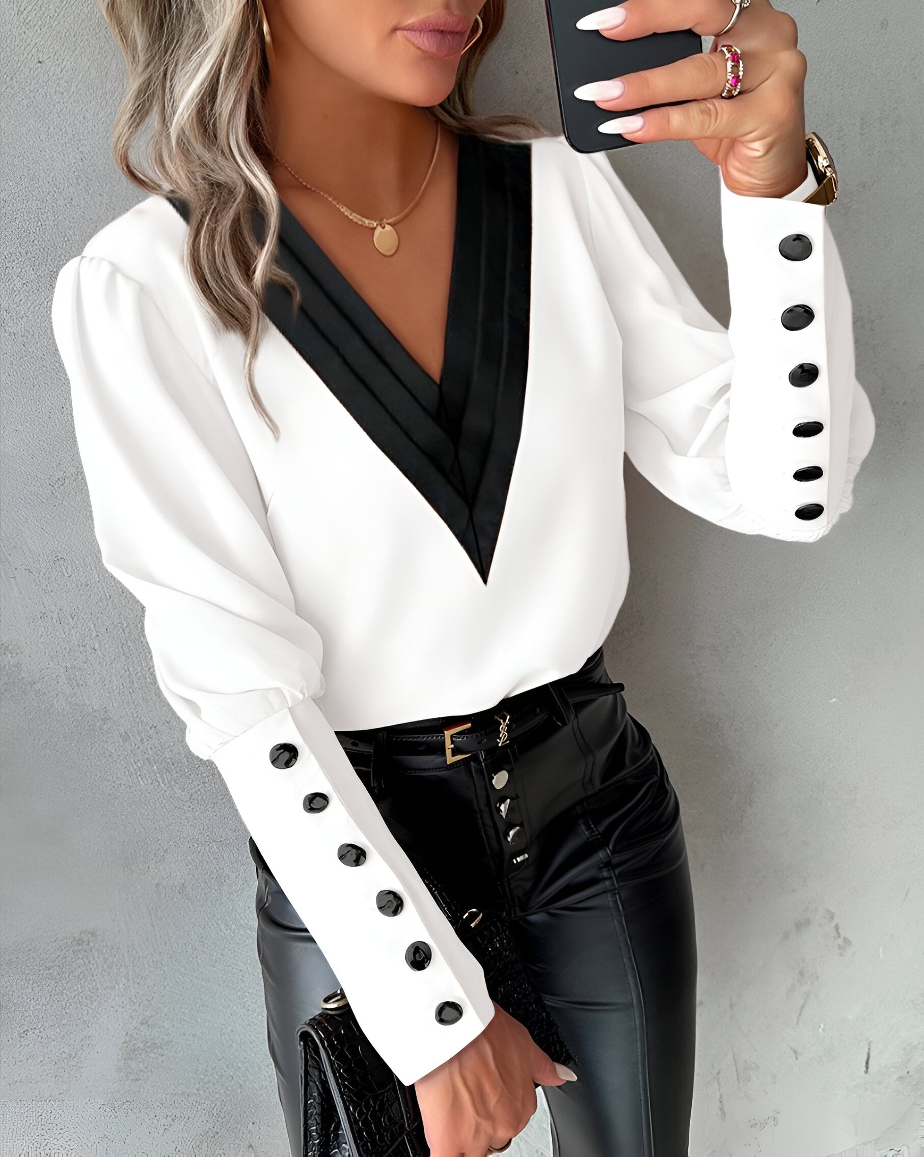 Elegant Women's Blouse with V-Neck Colour Block Top with Long Sleeves and Buttons