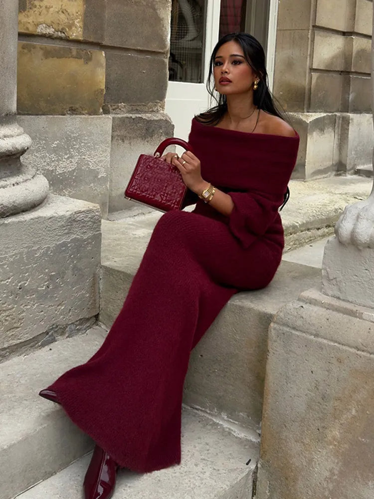 Off-Shoulder Knitted Maxi Dress with Pleat Detail for Women