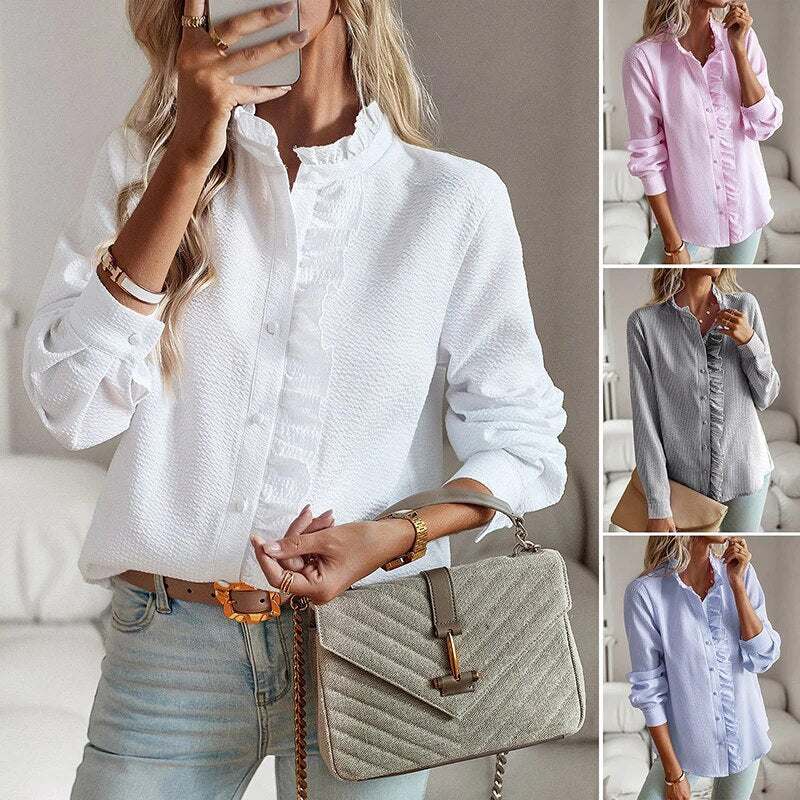 Jamie - Blouse with ruffles and standing collar