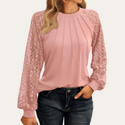 Women's Blouse with Lace Sleeves and Pleated Neckline