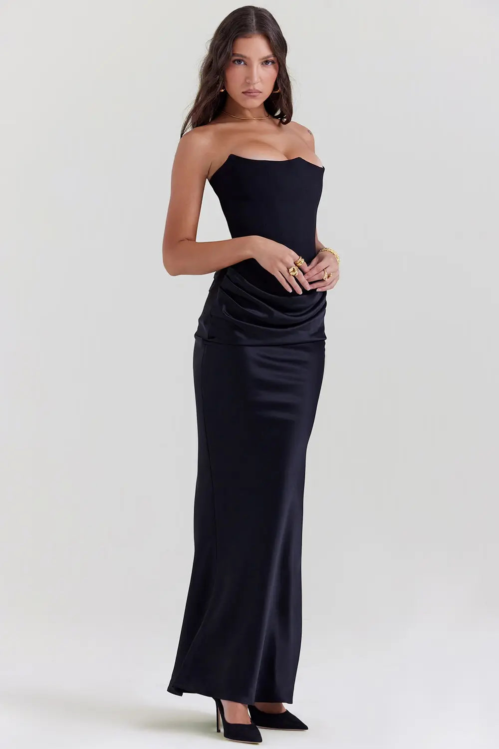 Maxi Gala Dress with Corset Strapless Satin for Women