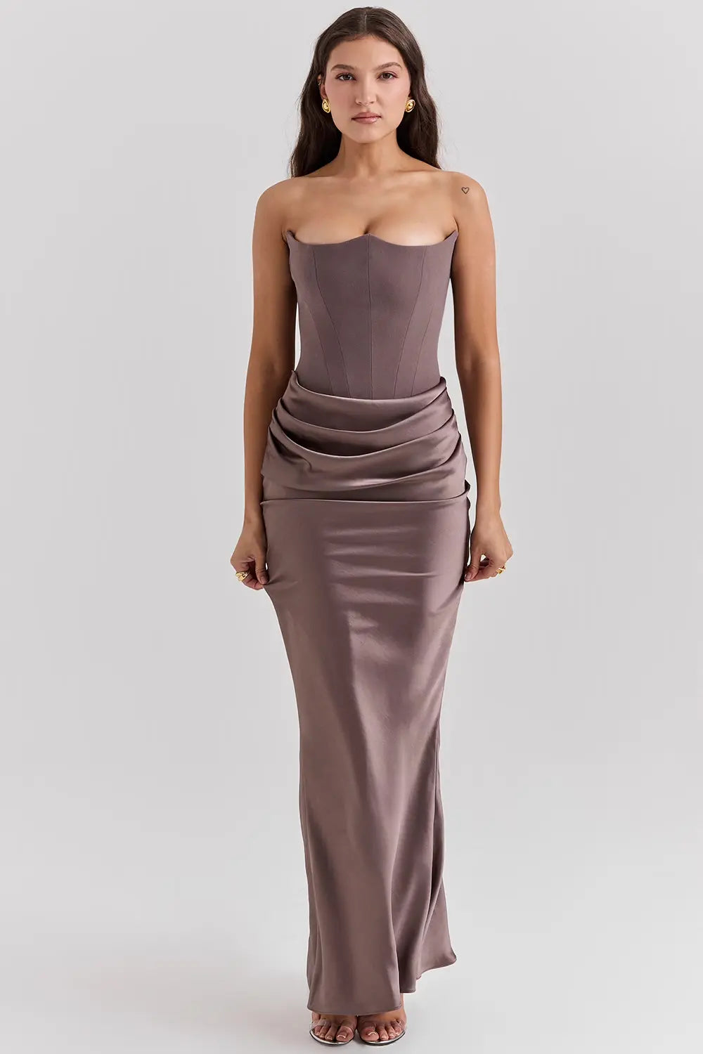 Maxi Gala Dress with Corset Strapless Satin for Women