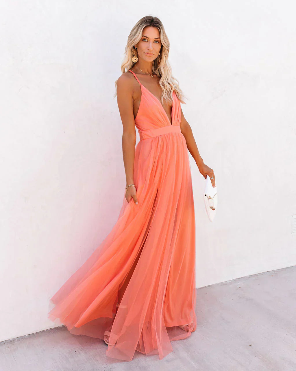 Gala Maxi Dress with Open Back and Deep V Neck