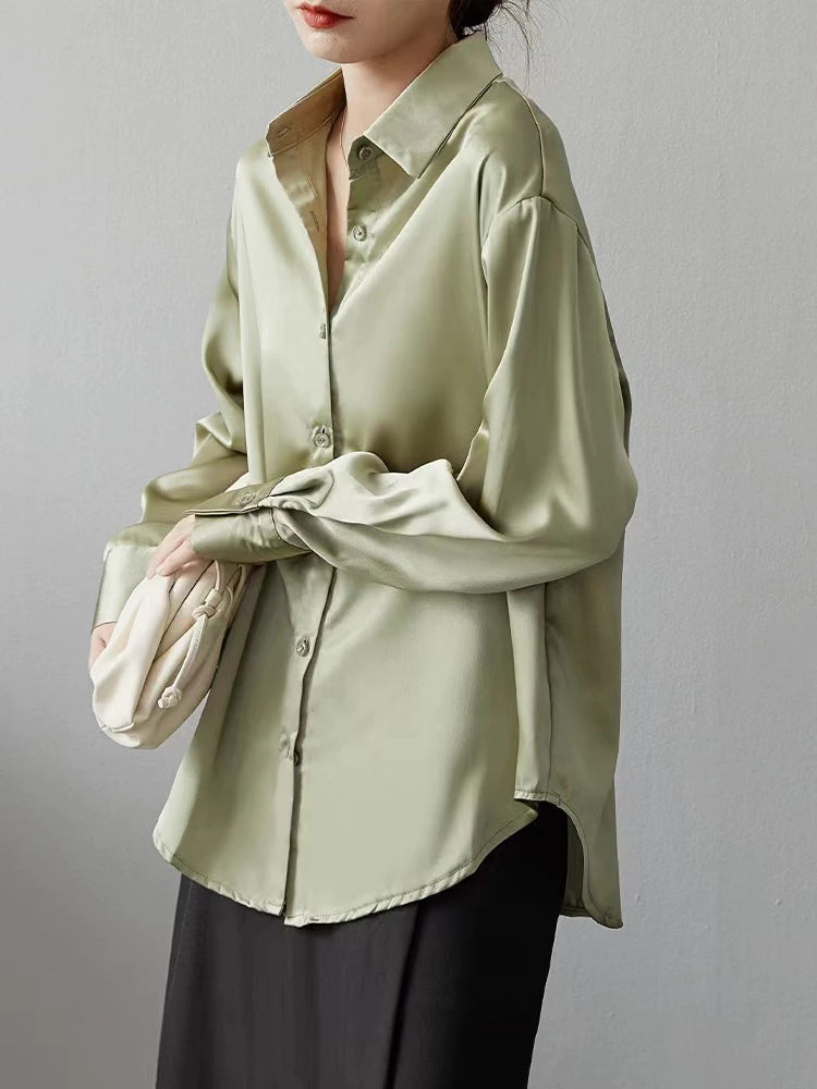 Elegant Satin Blouse Long Sleeve with Collar for Women