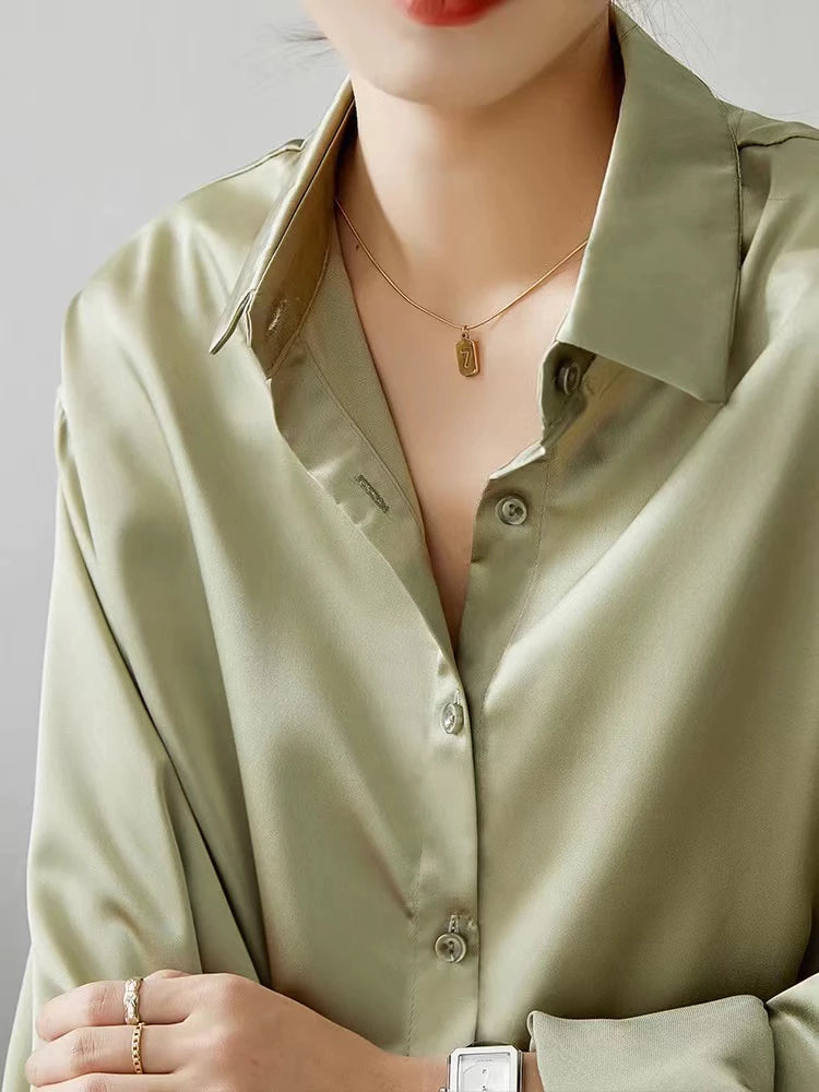 Elegant Satin Blouse Long Sleeve with Collar for Women