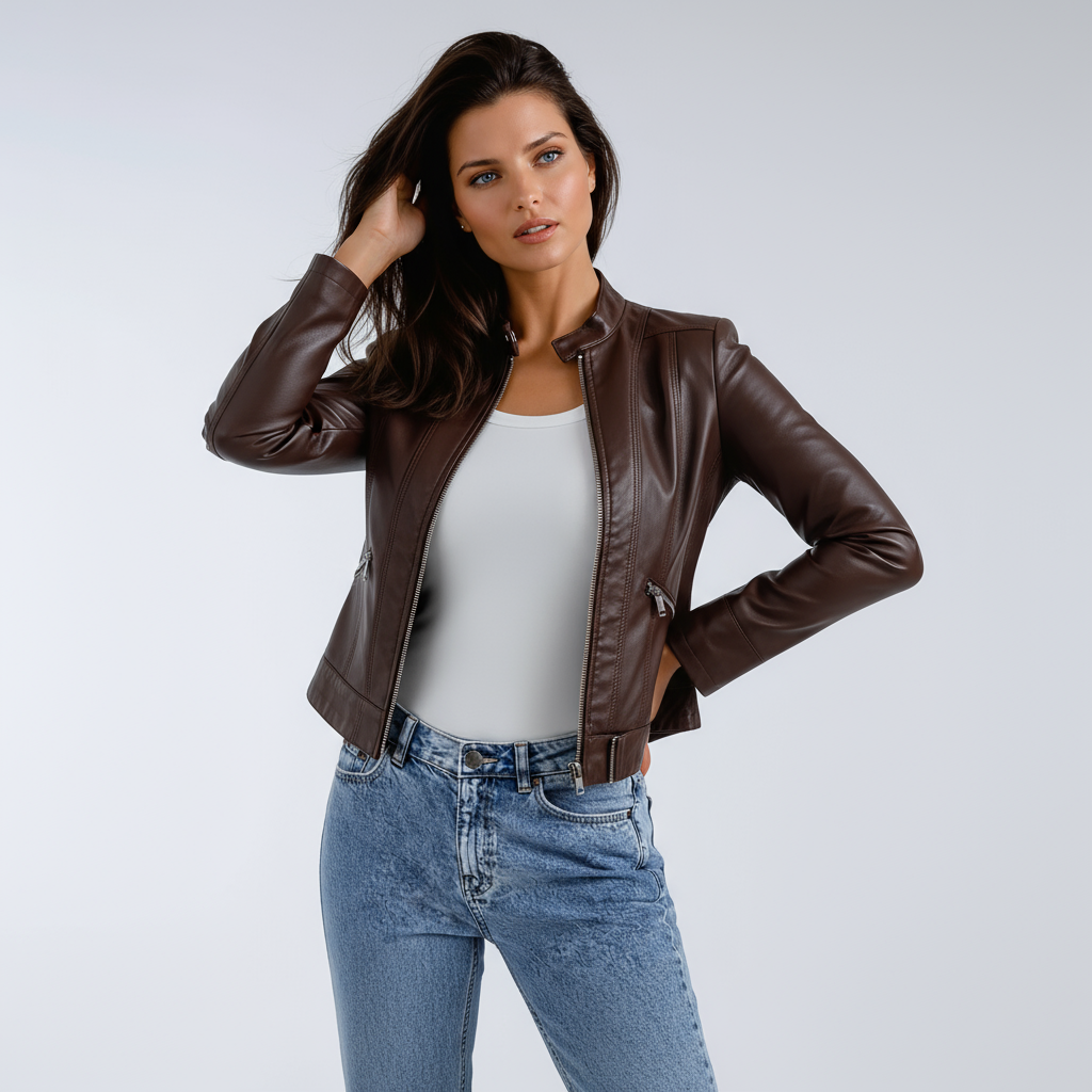 Short Leather Biker Jacket for Women with Zipper and Pockets