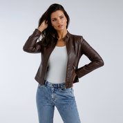 Short Leather Biker Jacket for Women with Zipper and Pockets