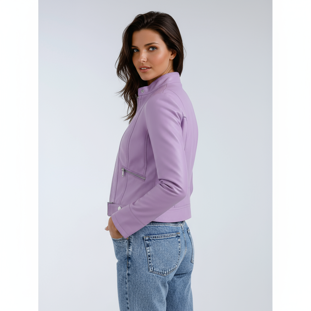Short Leather Biker Jacket for Women with Zipper and Pockets