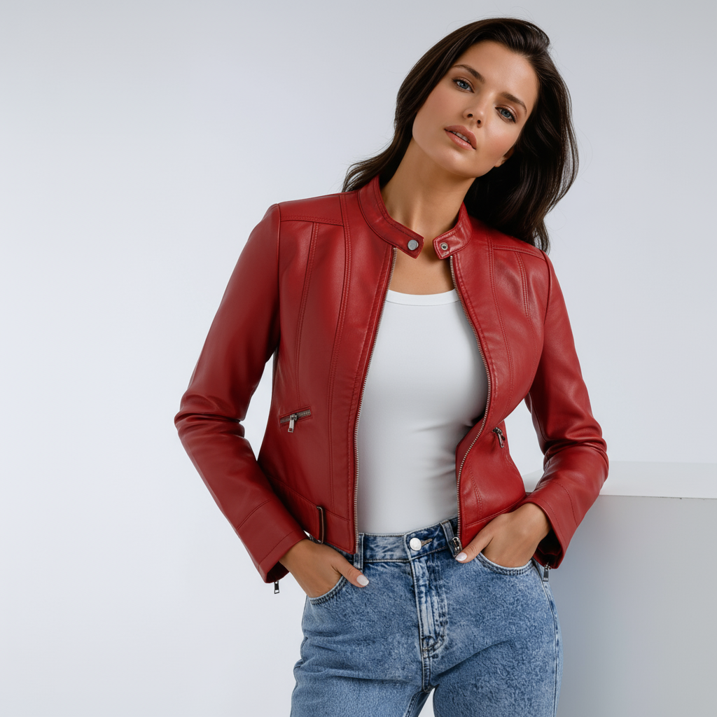 Short Leather Biker Jacket for Women with Zipper and Pockets