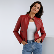 Short Leather Biker Jacket for Women with Zipper and Pockets