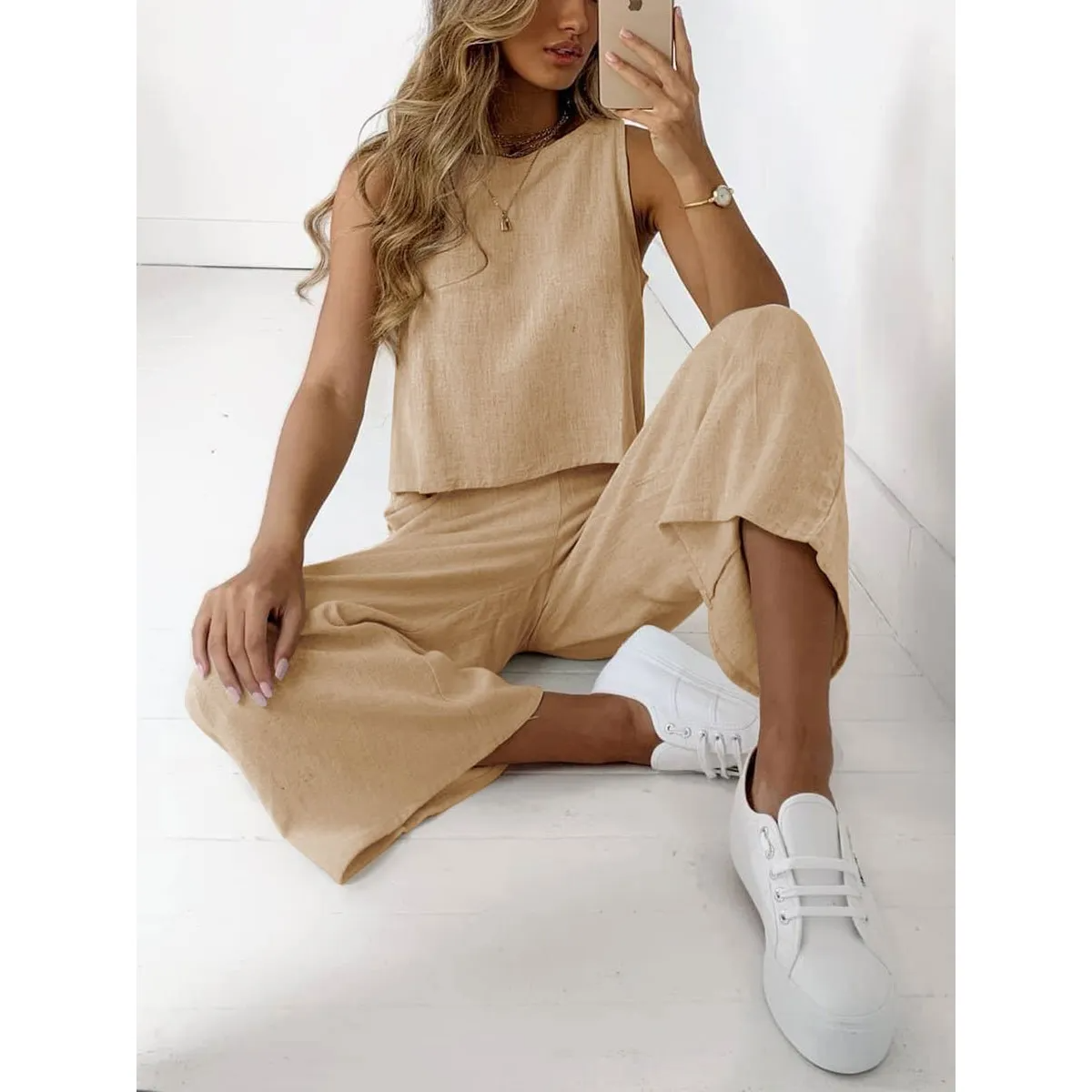 Casual Women's Co-ord Set with Sleeveless Top and Wide Pants