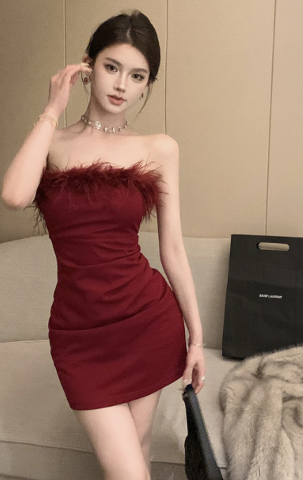 Strapless Mini Dress with Feathers Bodycon Party Dress for Women