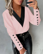 Elegant Women's Blouse with V-Neck Colour Block Top with Long Sleeves and Buttons