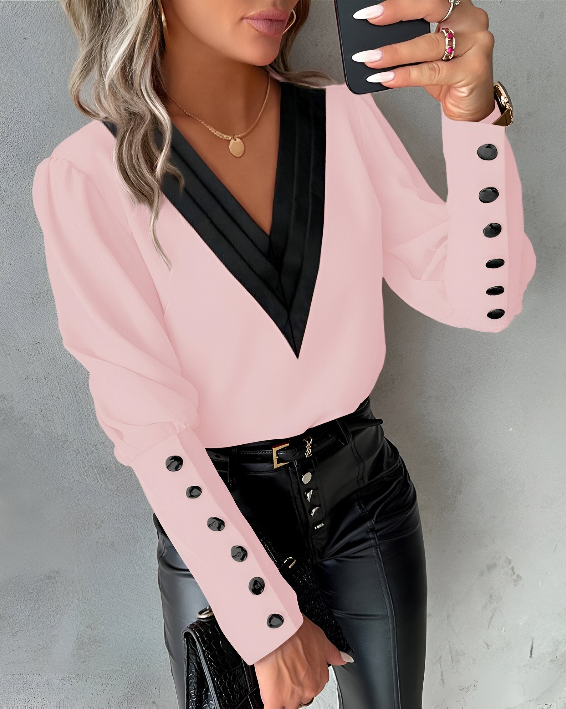 Elegant Women's Blouse with V-Neck Colour Block Top with Long Sleeves and Buttons