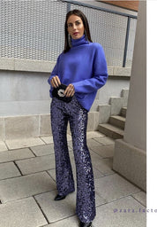 Women's Glitter Sequin Flare Pants with Elastic Waist