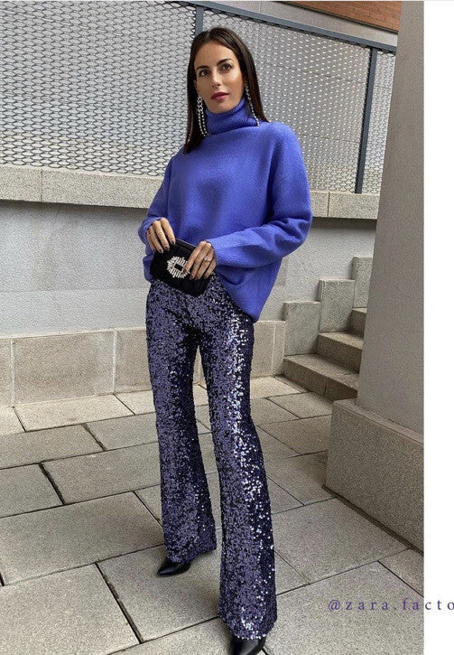 Women's Glitter Sequin Flare Pants with Elastic Waist