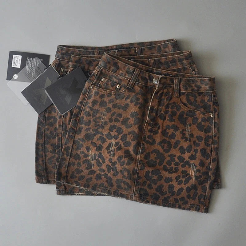 Tough Mini Skirt with Leopard Print and Denim Look