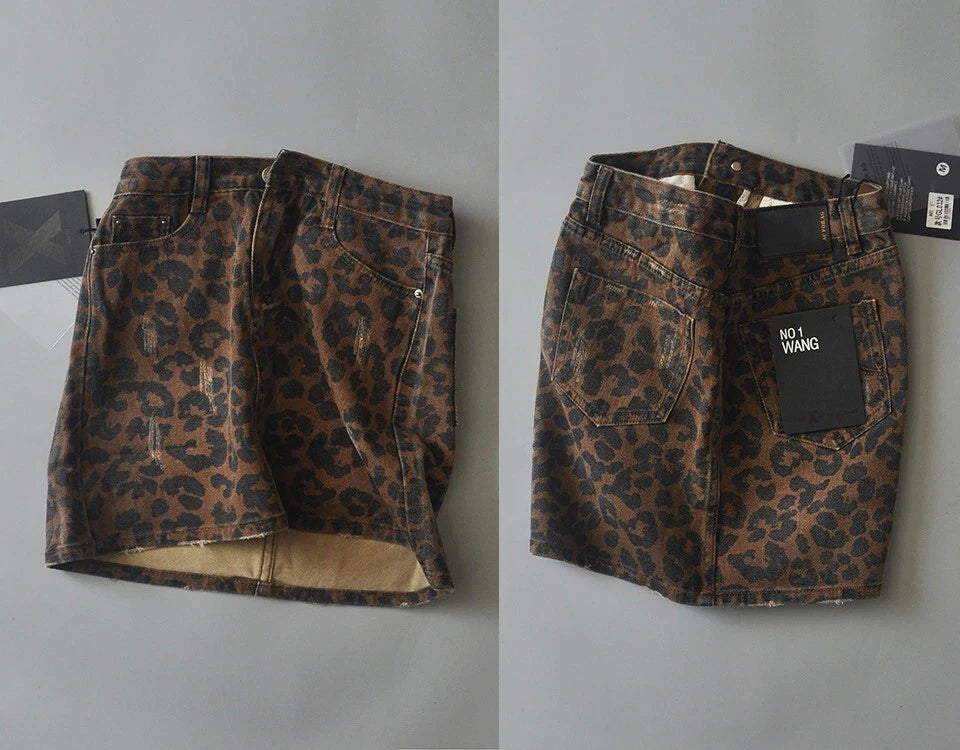 Tough Mini Skirt with Leopard Print and Denim Look