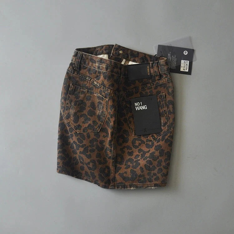 Tough Mini Skirt with Leopard Print and Denim Look
