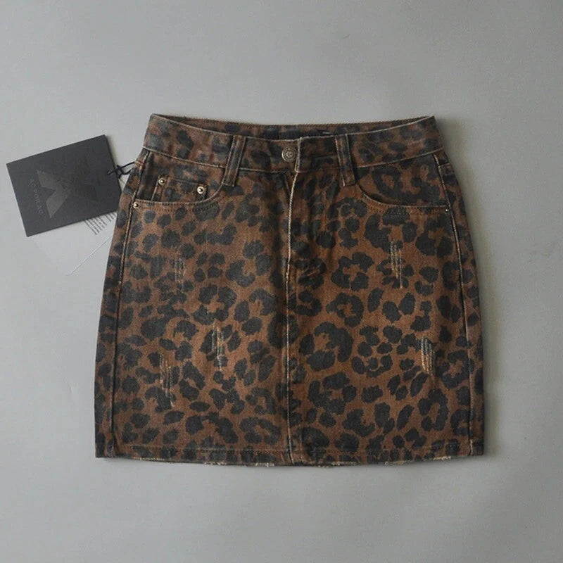 Tough Mini Skirt with Leopard Print and Denim Look