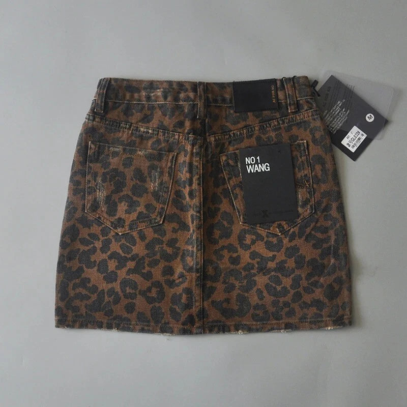 Tough Mini Skirt with Leopard Print and Denim Look