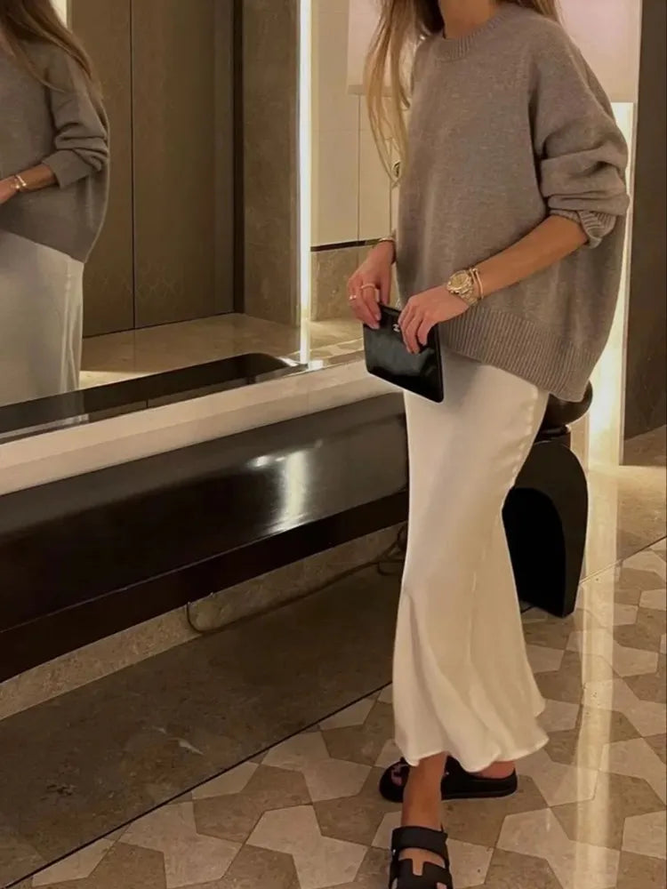 Elegant Women's Satin Midi Skirt with Flowing Fit