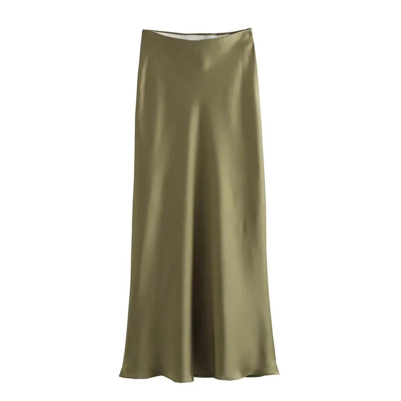 Elegant Women's Satin Midi Skirt with Flowing Fit
